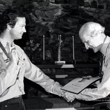 HM The King of Sweden presenting Lord Baden-Powell of Gilwell with his membership certificate. 25th April 1982