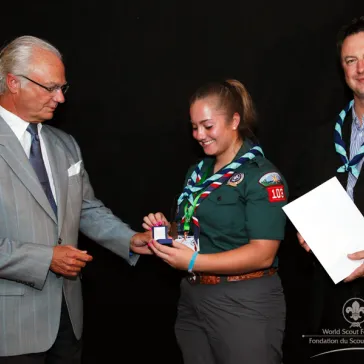 Ms Caitlin Collins (US) presented to His Majesty as new B-P Fellow.