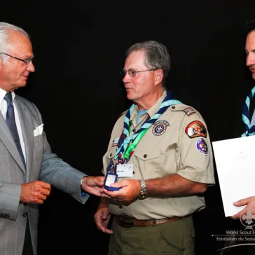 Mr Robert Collins (US) presented to His Majesty as new B-P Fellow.